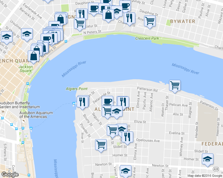 map of restaurants, bars, coffee shops, grocery stores, and more near 5 Bauman Street in New Orleans