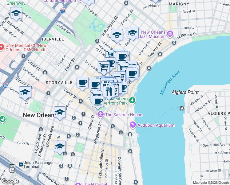 map of restaurants, bars, coffee shops, grocery stores, and more near 410 Chartres Street in New Orleans