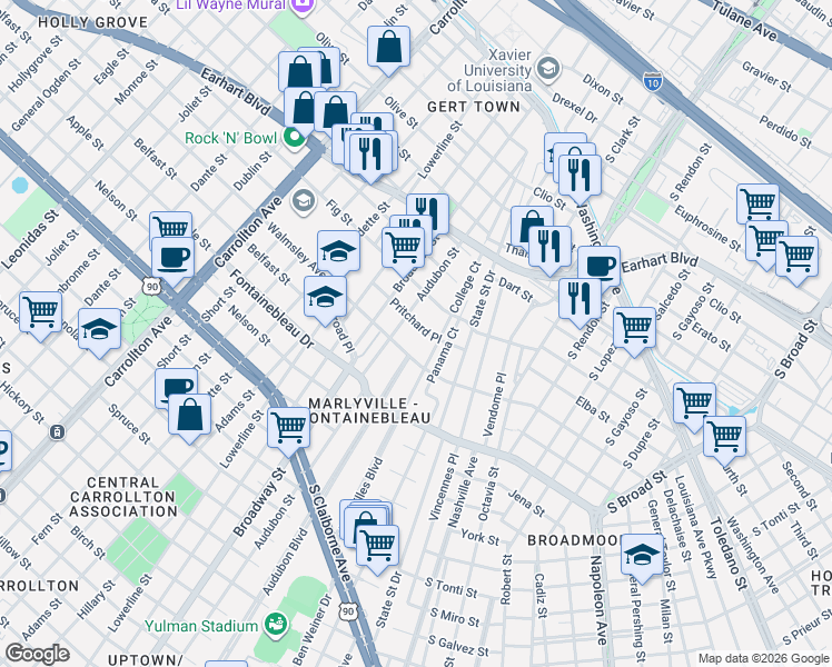 map of restaurants, bars, coffee shops, grocery stores, and more near 7010A Pritchard Place in New Orleans