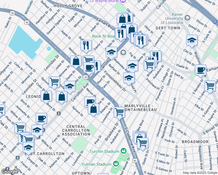map of restaurants, bars, coffee shops, grocery stores, and more near 7803 Nelson Street in New Orleans