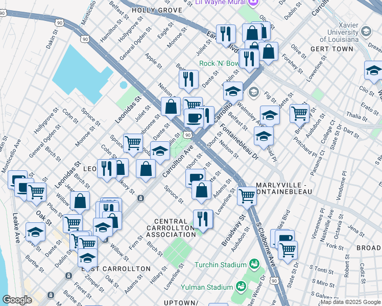 map of restaurants, bars, coffee shops, grocery stores, and more near 2235 South Carrollton Avenue in New Orleans