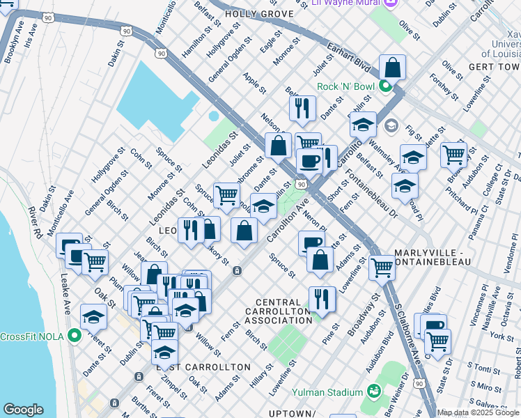 map of restaurants, bars, coffee shops, grocery stores, and more near 2119 Dublin Street in New Orleans
