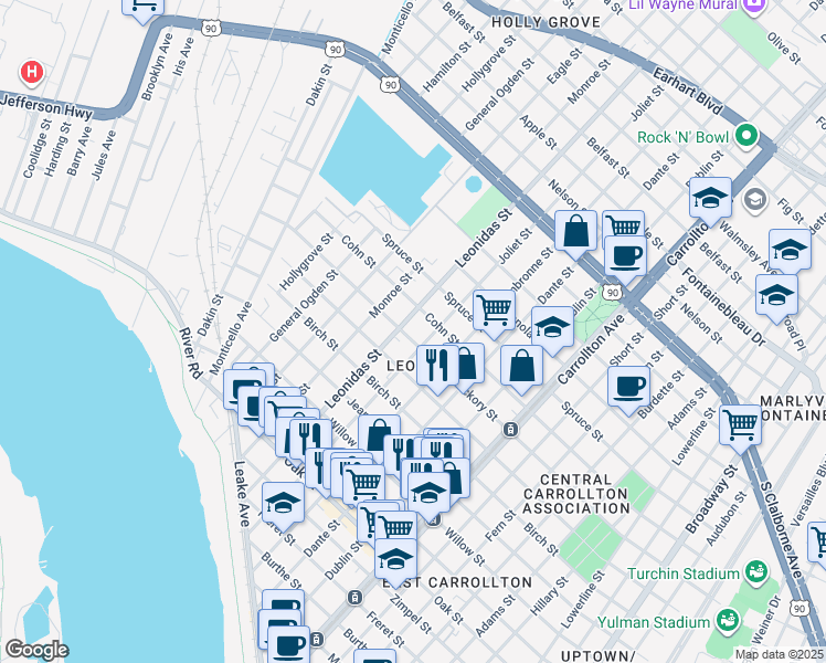 map of restaurants, bars, coffee shops, grocery stores, and more near 8525 Hickory Street in New Orleans