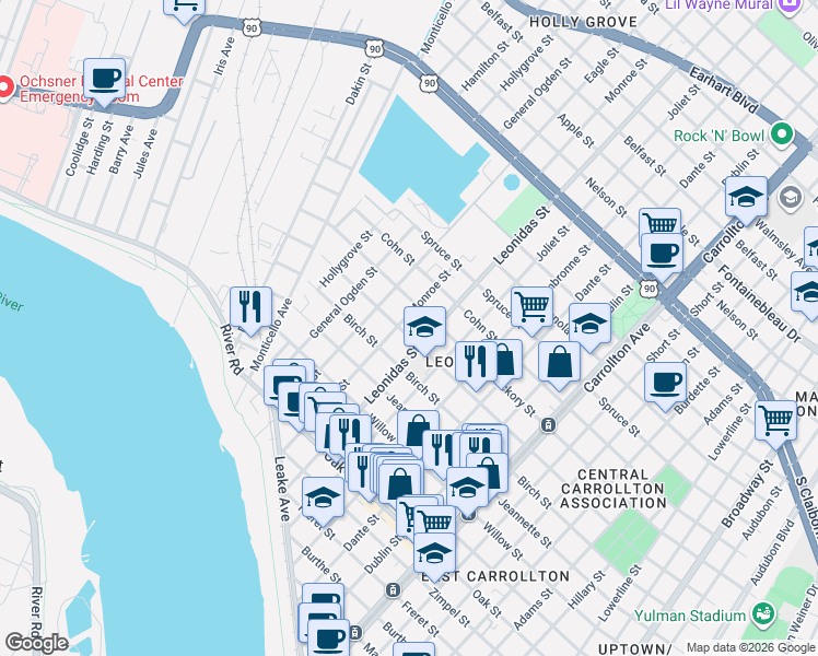 map of restaurants, bars, coffee shops, grocery stores, and more near 1719 Monroe Street in New Orleans