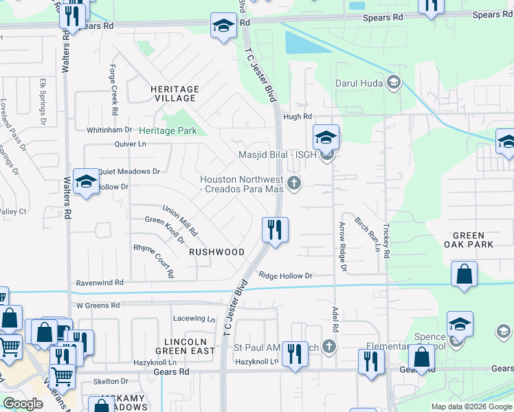 map of restaurants, bars, coffee shops, grocery stores, and more near 11810 Hallowing Point Road in Houston