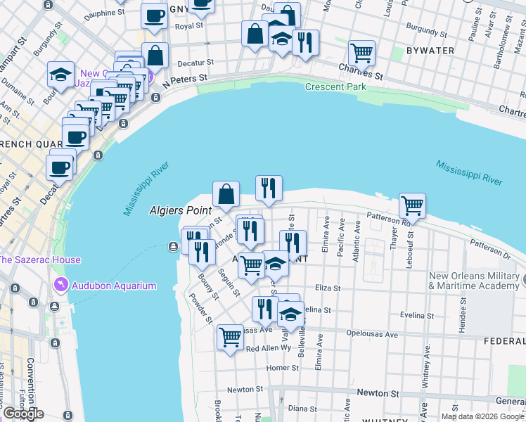 map of restaurants, bars, coffee shops, grocery stores, and more near 5 Bauman Street in New Orleans