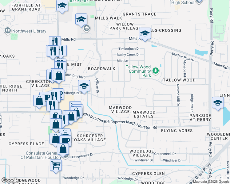 map of restaurants, bars, coffee shops, grocery stores, and more near 12515 Millscott Drive in Houston