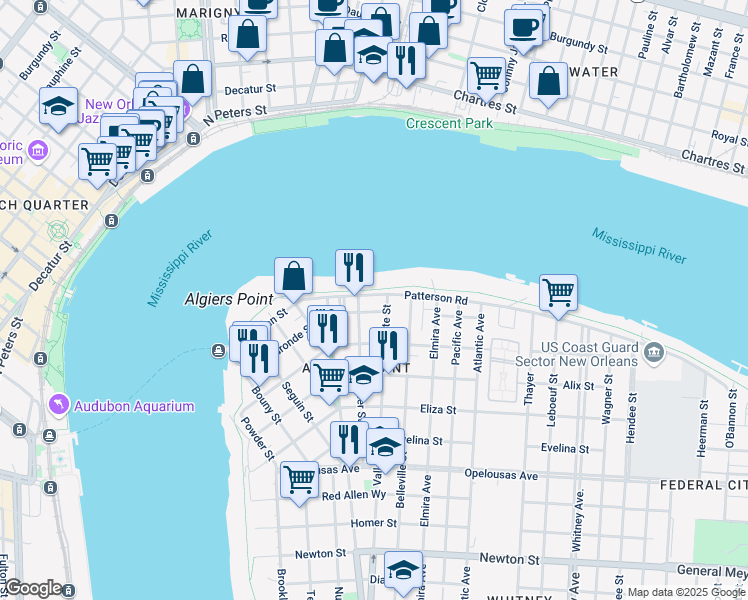 map of restaurants, bars, coffee shops, grocery stores, and more near 627 Patterson Road in New Orleans