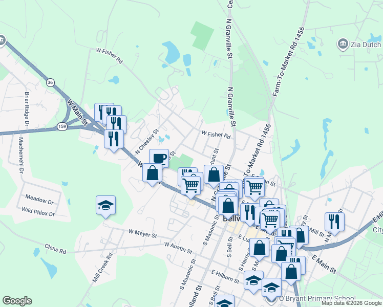map of restaurants, bars, coffee shops, grocery stores, and more near 505 W Glenn St in Bellville