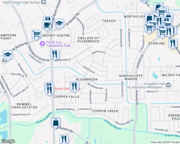 map of restaurants, bars, coffee shops, grocery stores, and more near 4911 Innsbruk Drive in Houston