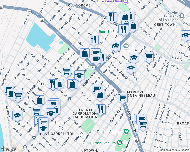 map of restaurants, bars, coffee shops, grocery stores, and more near 2235 South Carrollton Avenue in New Orleans