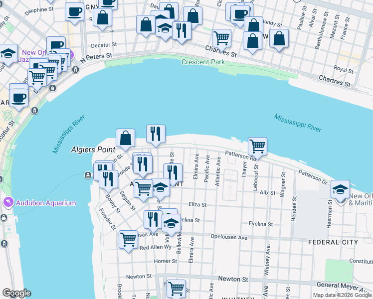 map of restaurants, bars, coffee shops, grocery stores, and more near 731 Patterson Road in New Orleans