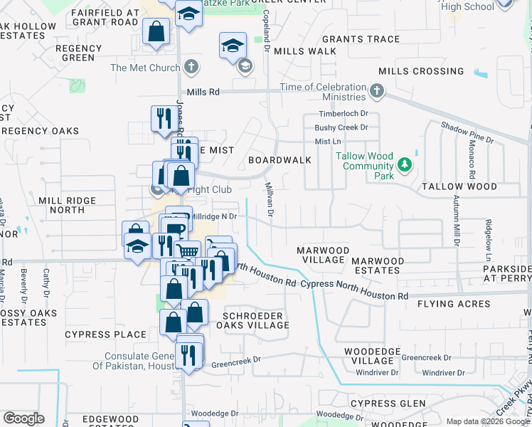 map of restaurants, bars, coffee shops, grocery stores, and more near 12515 Millvan Drive in Houston