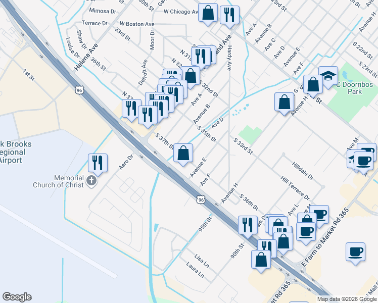 map of restaurants, bars, coffee shops, grocery stores, and more near 3620 Avenue D in Nederland