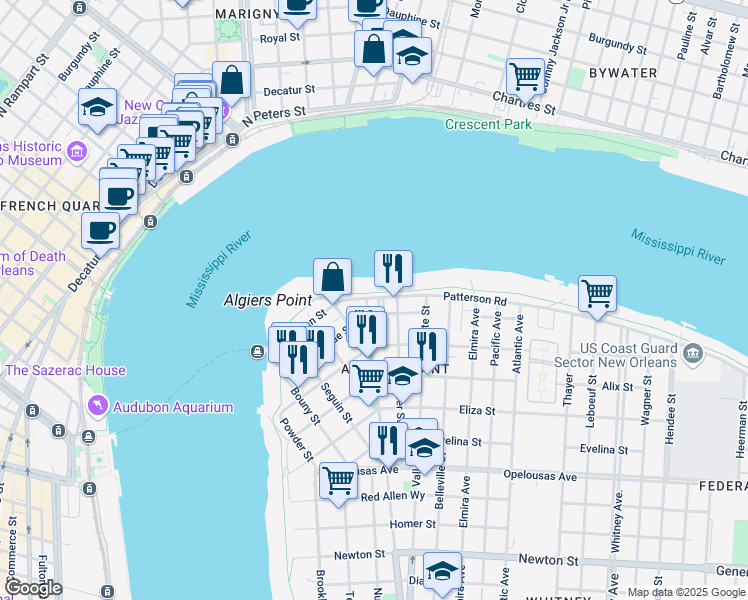 map of restaurants, bars, coffee shops, grocery stores, and more near 5 Bauman Street in New Orleans