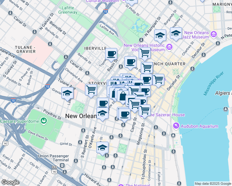 map of restaurants, bars, coffee shops, grocery stores, and more near 199 Dauphine Street in New Orleans