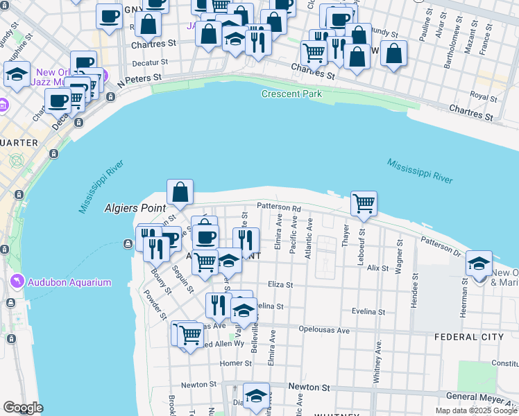 map of restaurants, bars, coffee shops, grocery stores, and more near 733 Patterson Road in New Orleans