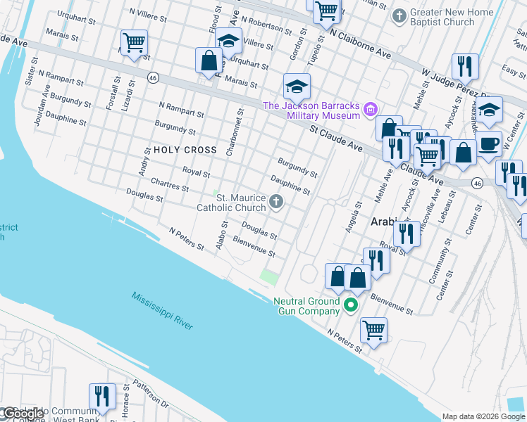 map of restaurants, bars, coffee shops, grocery stores, and more near 6135 Chartres Street in New Orleans
