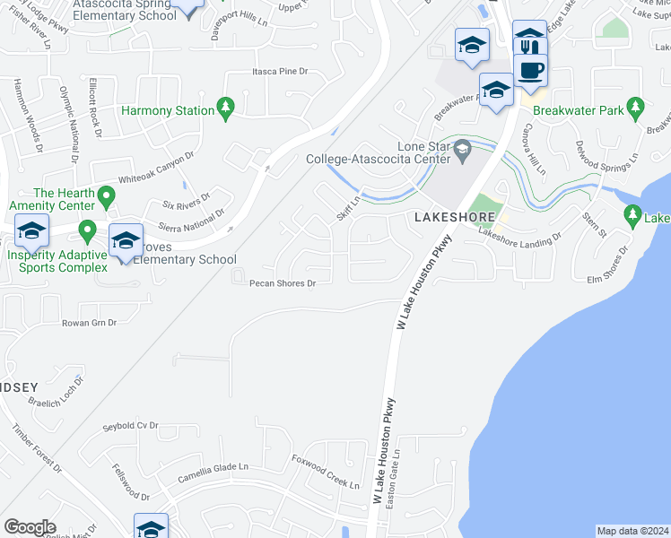 map of restaurants, bars, coffee shops, grocery stores, and more near 15818 Shoreline Terrace Drive in Houston