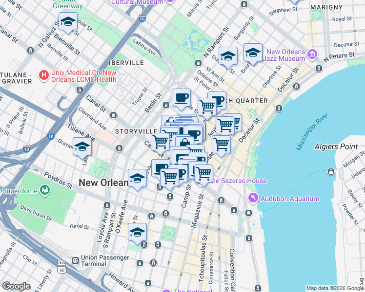map of restaurants, bars, coffee shops, grocery stores, and more near in New Orleans