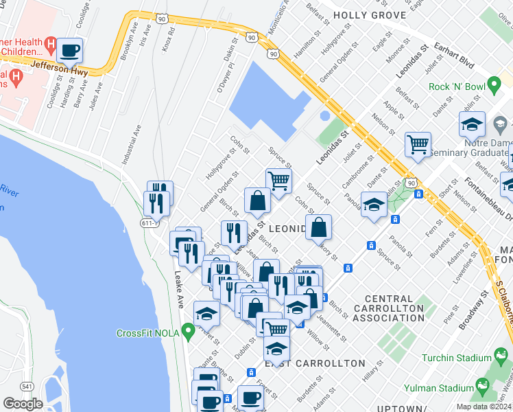 map of restaurants, bars, coffee shops, grocery stores, and more near 8639 Green Street in New Orleans