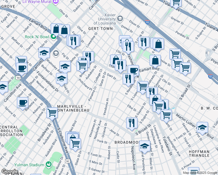 map of restaurants, bars, coffee shops, grocery stores, and more near 4204 Vendome Place in New Orleans
