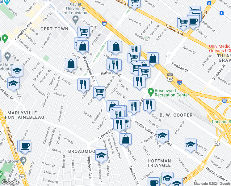 map of restaurants, bars, coffee shops, grocery stores, and more near 4120 Erato Street in New Orleans