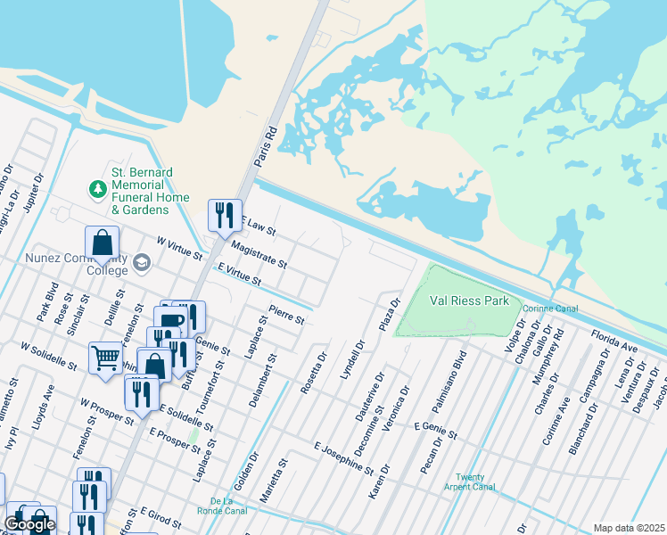 map of restaurants, bars, coffee shops, grocery stores, and more near 512 East Law Street in Chalmette
