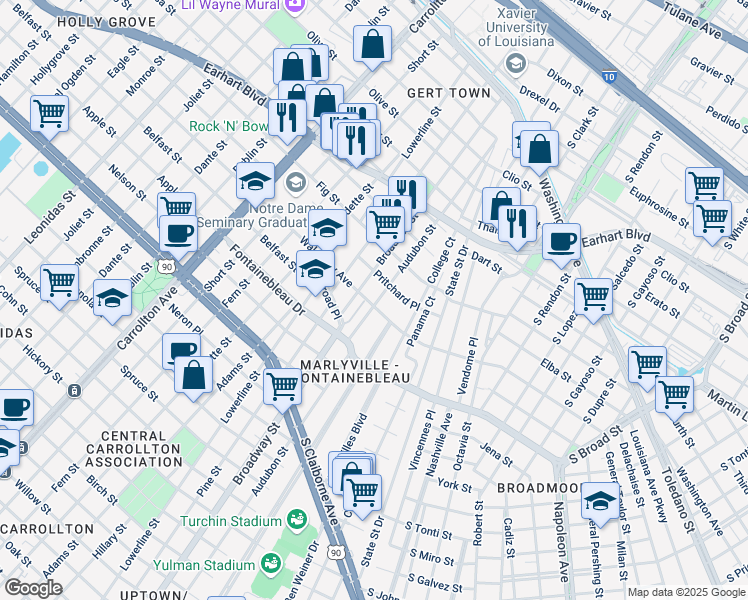 map of restaurants, bars, coffee shops, grocery stores, and more near 7101 Walmsley Avenue in New Orleans