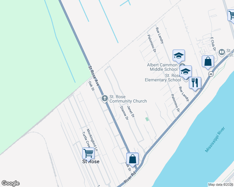 map of restaurants, bars, coffee shops, grocery stores, and more near 220 Dianne Drive in Saint Rose