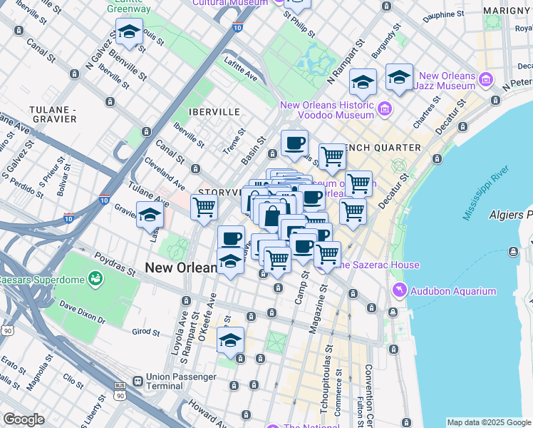 map of restaurants, bars, coffee shops, grocery stores, and more near 921 Canal Street in New Orleans