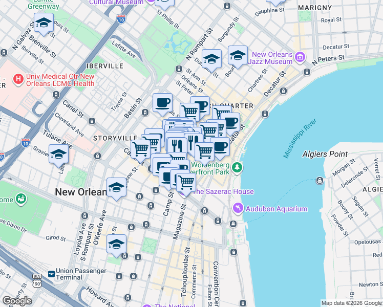 map of restaurants, bars, coffee shops, grocery stores, and more near in New Orleans