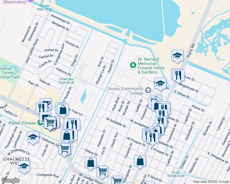 map of restaurants, bars, coffee shops, grocery stores, and more near 3605 Jackson Boulevard in Chalmette