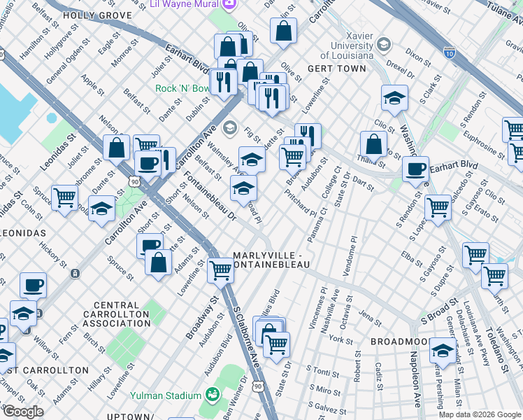 map of restaurants, bars, coffee shops, grocery stores, and more near 7221 Broad Place in New Orleans