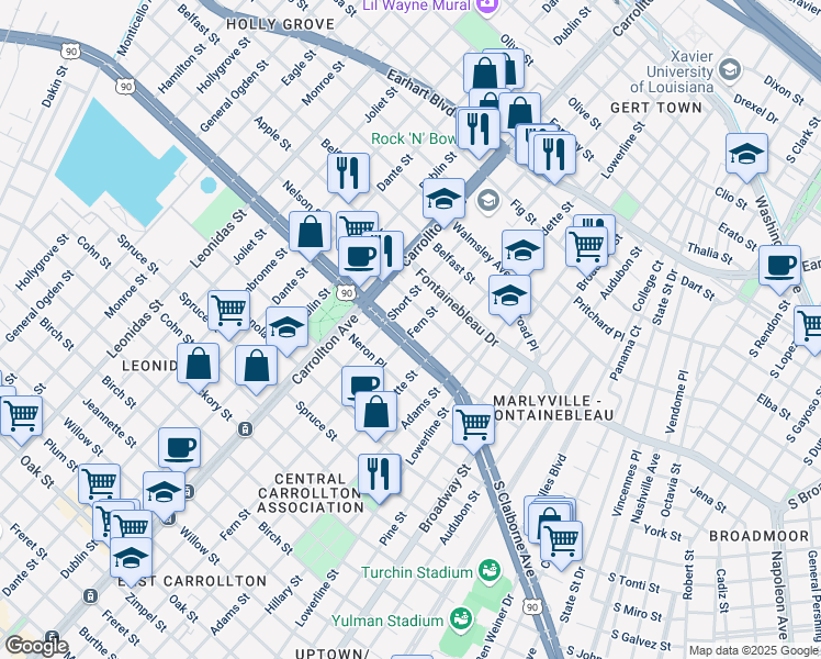 map of restaurants, bars, coffee shops, grocery stores, and more near 2400 Fern Street in New Orleans