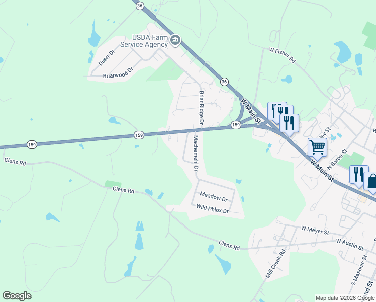 map of restaurants, bars, coffee shops, grocery stores, and more near 107 Bluebonnet Drive in Bellville