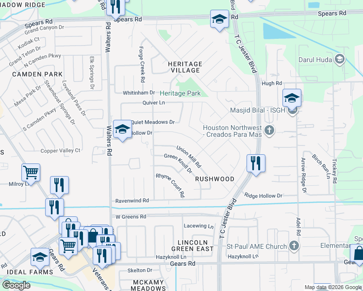 map of restaurants, bars, coffee shops, grocery stores, and more near 2402 Union Mill Road in Houston