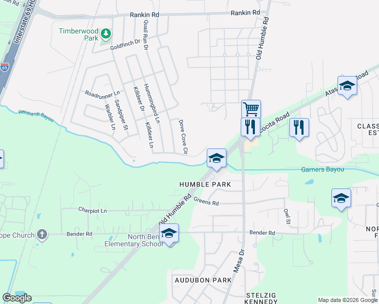 map of restaurants, bars, coffee shops, grocery stores, and more near 7723 Pheasant Run in Humble