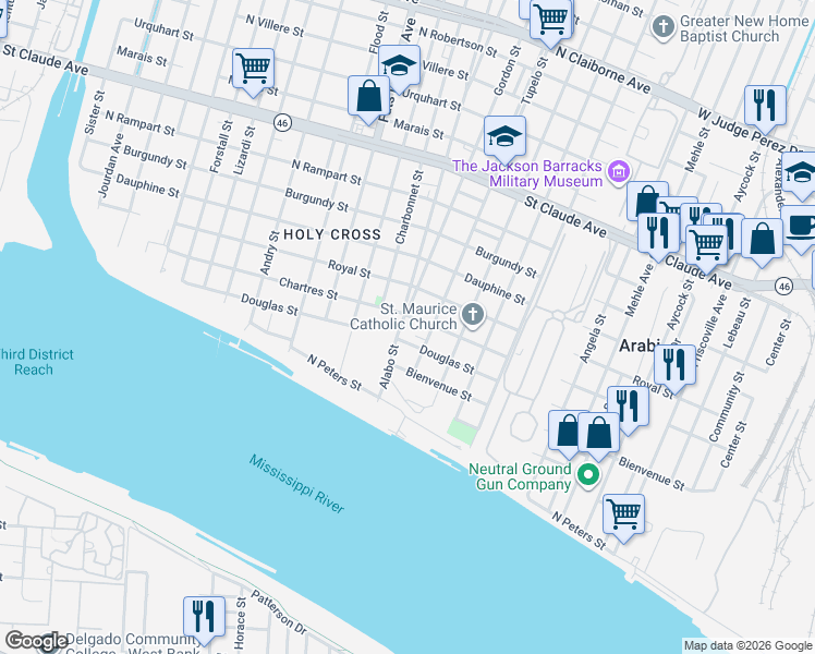 map of restaurants, bars, coffee shops, grocery stores, and more near 512 Alabo Street in New Orleans