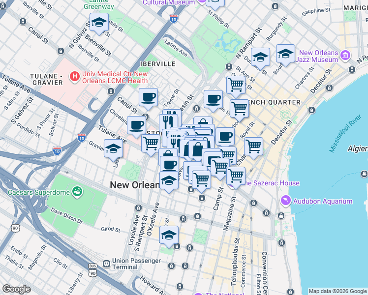 map of restaurants, bars, coffee shops, grocery stores, and more near 1002 Canal Street in New Orleans