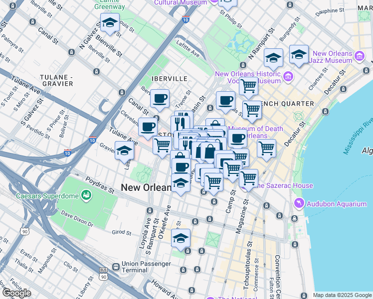 map of restaurants, bars, coffee shops, grocery stores, and more near 1002 Canal Street in New Orleans