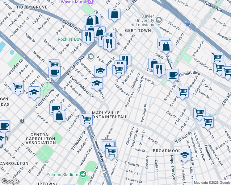 map of restaurants, bars, coffee shops, grocery stores, and more near 7111 Walmsley Avenue in New Orleans