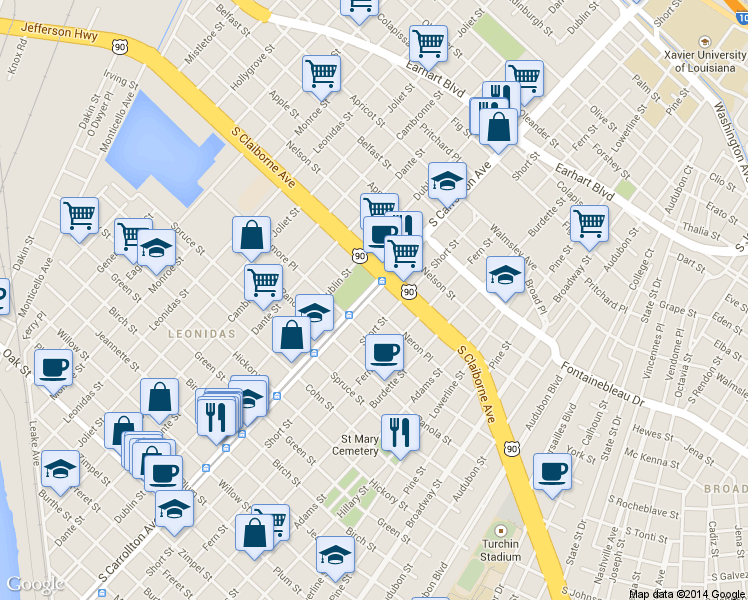 map of restaurants, bars, coffee shops, grocery stores, and more near 2235 South Carrollton Avenue in New Orleans