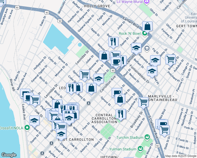 map of restaurants, bars, coffee shops, grocery stores, and more near 2119 Dublin Street in New Orleans