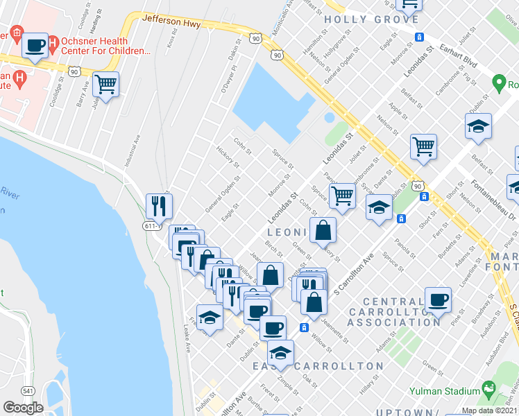 map of restaurants, bars, coffee shops, grocery stores, and more near 1719 Monroe Street in New Orleans