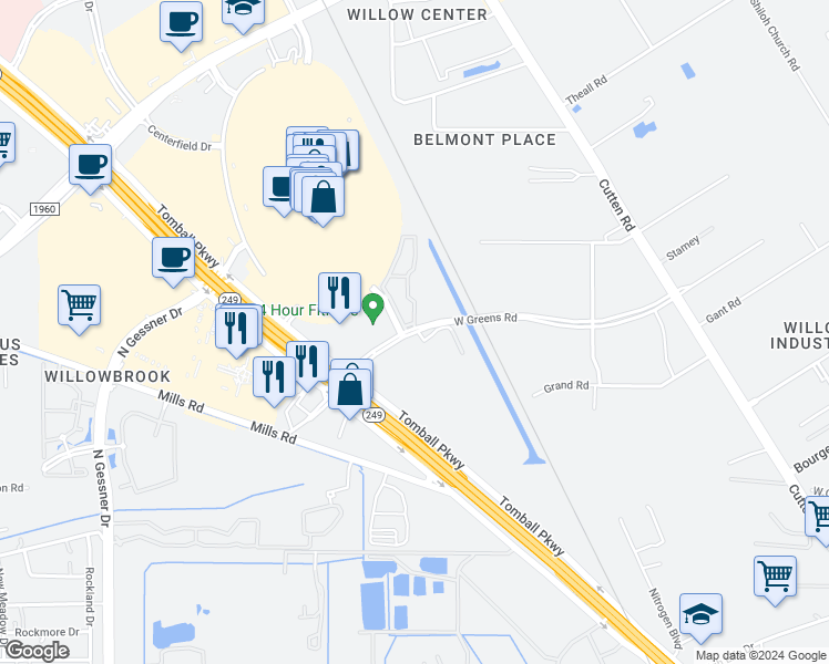 map of restaurants, bars, coffee shops, grocery stores, and more near 7250 West Greens Road in Houston