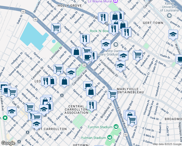 map of restaurants, bars, coffee shops, grocery stores, and more near 8002 South Claiborne Avenue in New Orleans