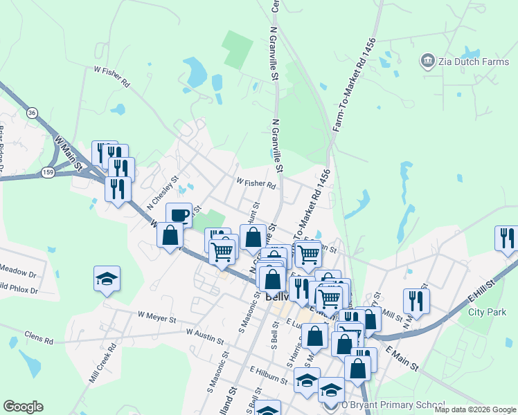 map of restaurants, bars, coffee shops, grocery stores, and more near 226 West Glenn Street in Bellville