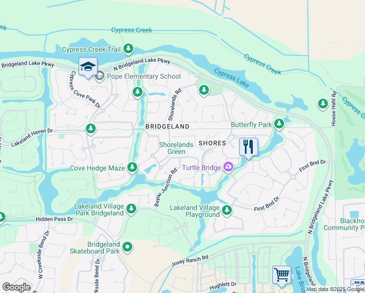 map of restaurants, bars, coffee shops, grocery stores, and more near 18526 1st Voyage Court in Cypress
