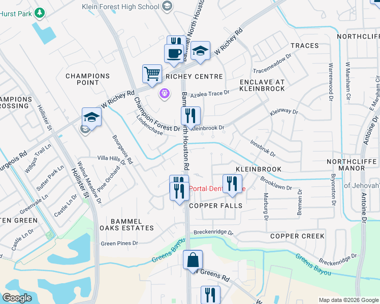 map of restaurants, bars, coffee shops, grocery stores, and more near 11106 Bammel North Houston Road in Houston